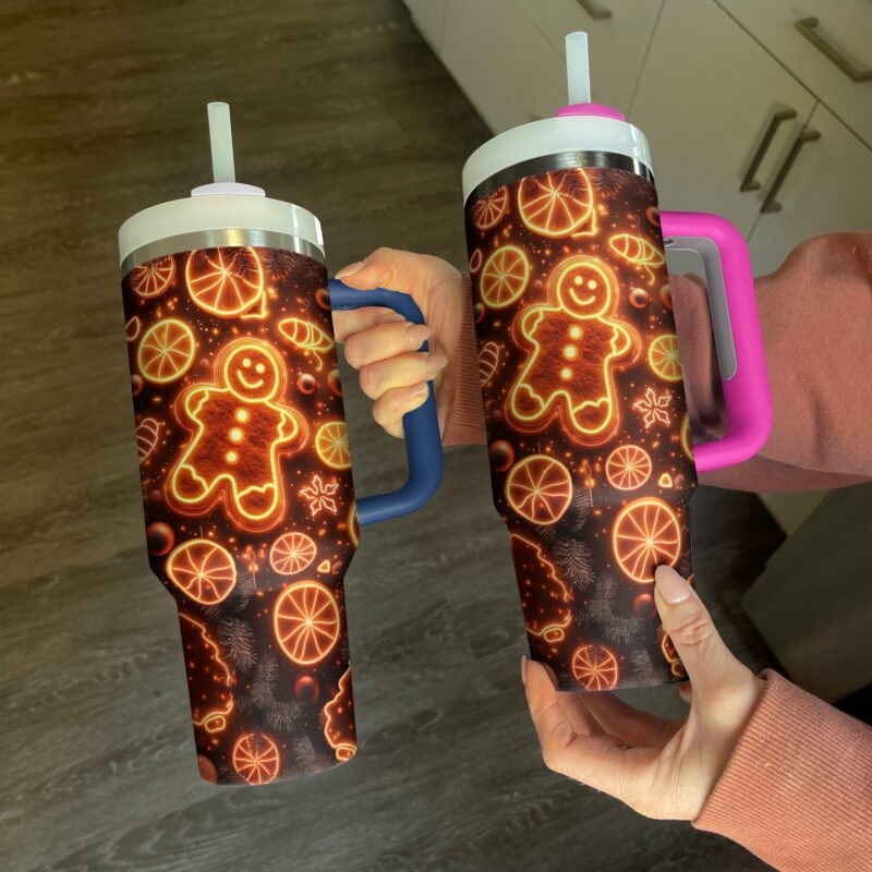 Glowing Gingerbread Christmas Custom Stanley Quencher 40oz Stainless Steel Tumbler With Handle - Threewoofs - Image 3
