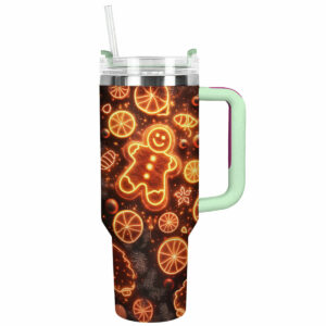 Glowing Gingerbread Christmas Custom Stanley Quencher 40oz Stainless Steel Tumbler With Handle - Threewoofs