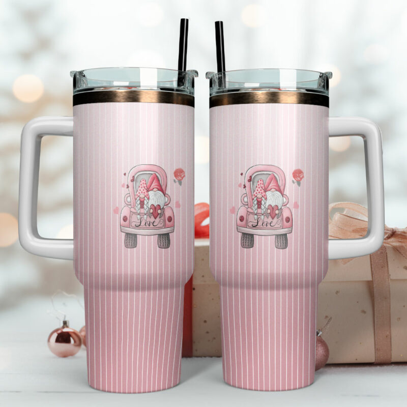 Gnome Love Valentine Custom Stanley Quencher 40oz Stainless Steel Tumbler With Handle - Threewoofs - Image 4