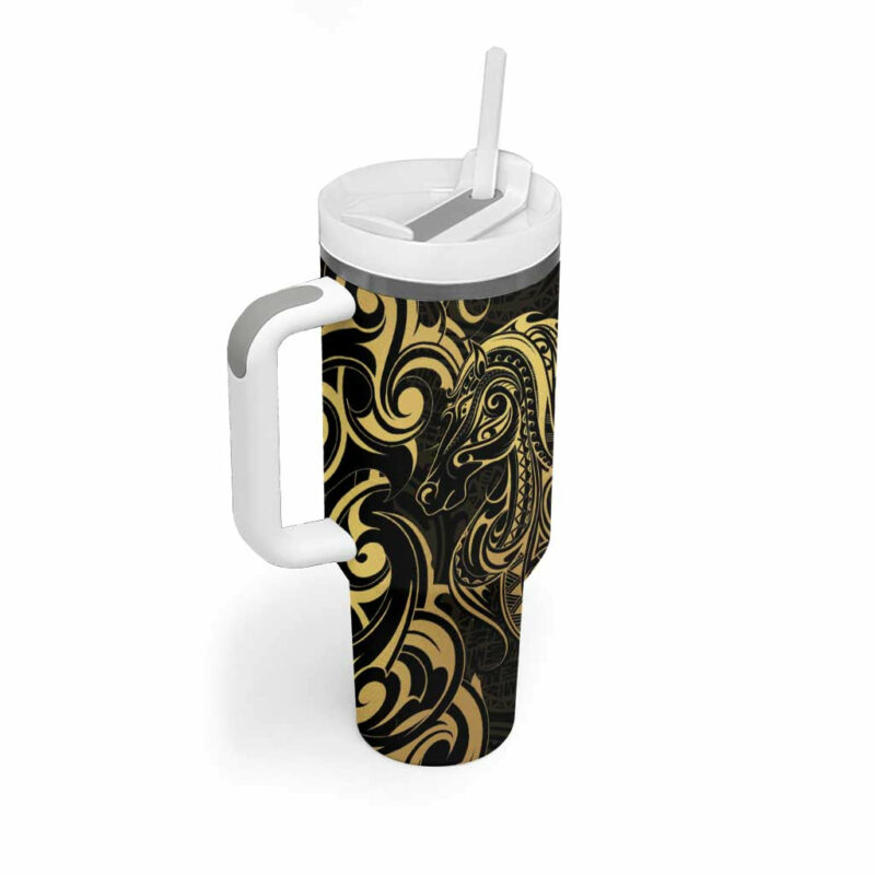Gold And Black Aoteara Horse Racing NZ Maori Custom Stanley Quencher 40oz Stainless Steel Tumbler With Handle - Threewoofs - Image 2