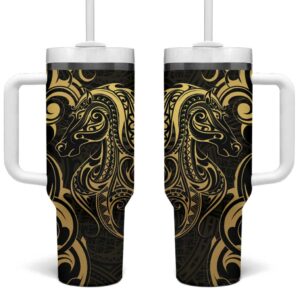Gold And Black Aoteara Horse Racing NZ Maori Custom Stanley Quencher 40oz Stainless Steel Tumbler With Handle - Threewoofs