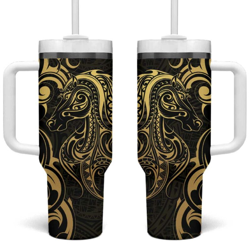 Gold And Black Aoteara Horse Racing NZ Maori Custom Stanley Quencher 40oz Stainless Steel Tumbler With Handle - Threewoofs