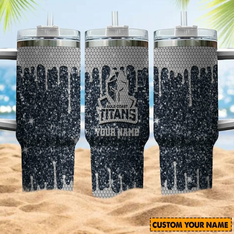 Gold Coast Titans NRL Sports Glitter Custom Stanley Quencher 40oz Stainless Steel Tumbler With Handle - Threewoofs - Image 4