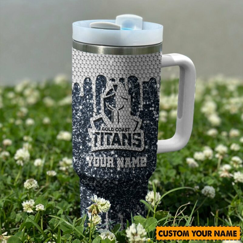 Gold Coast Titans NRL Sports Glitter Custom Stanley Quencher 40oz Stainless Steel Tumbler With Handle - Threewoofs - Image 2