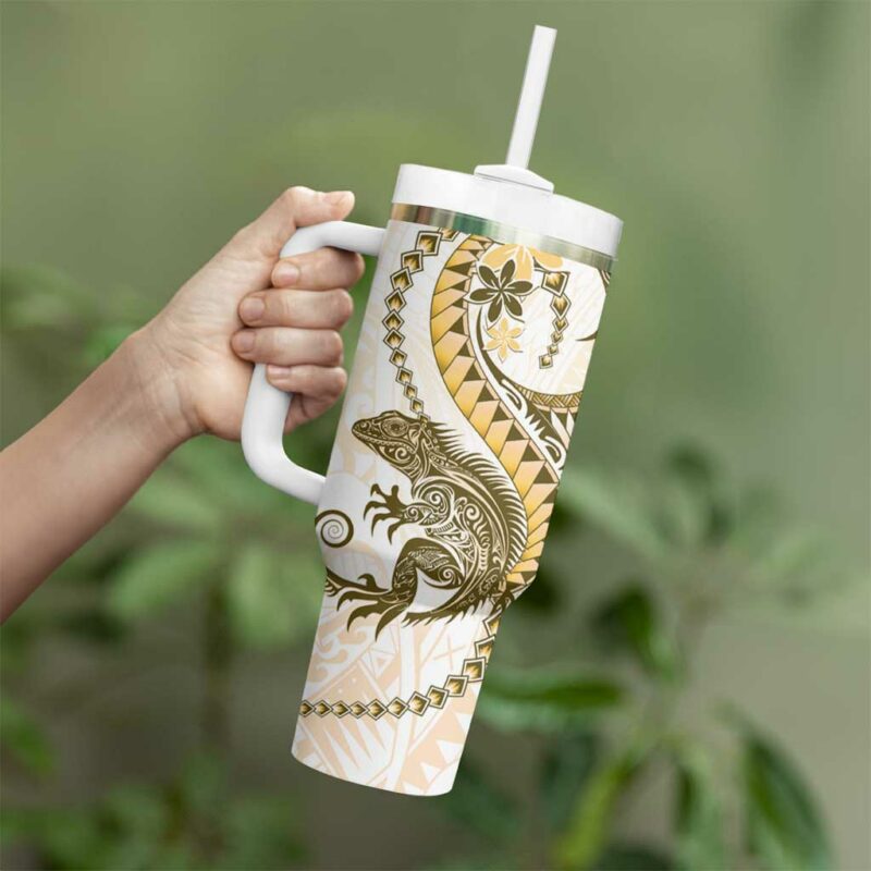 Gold Maori Tuatara Luxury Pastel Custom Stanley Quencher 40oz Stainless Steel Tumbler With Handle - Threewoofs - Image 3
