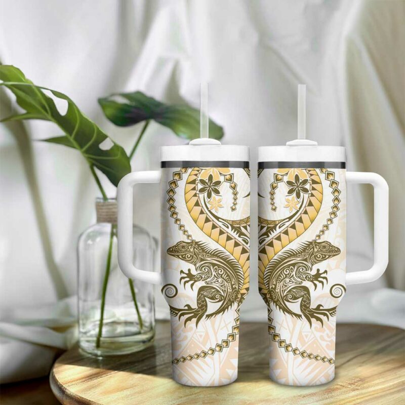 Gold Maori Tuatara Luxury Pastel Custom Stanley Quencher 40oz Stainless Steel Tumbler With Handle - Threewoofs - Image 9