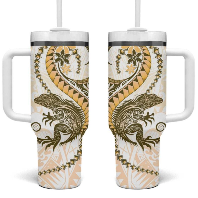 Gold Maori Tuatara Luxury Pastel Custom Stanley Quencher 40oz Stainless Steel Tumbler With Handle - Threewoofs