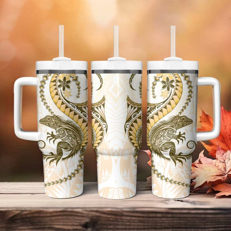 Gold Maori Tuatara Luxury Pastel Custom Stanley Quencher 40oz Stainless Steel Tumbler With Handle - Threewoofs - Image 4