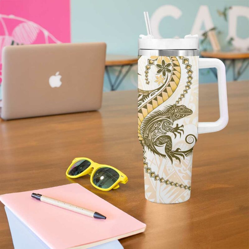 Gold Maori Tuatara Luxury Pastel Custom Stanley Quencher 40oz Stainless Steel Tumbler With Handle - Threewoofs - Image 5