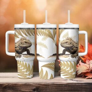 Gold New Zealand Tuatara Aotearoa Sphenodon Punctatus Silver Fern Custom Stanley Quencher 40oz Stainless Steel Tumbler With Handle - Threewoofs
