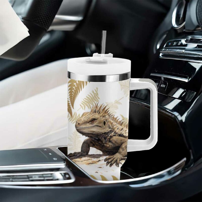 Gold New Zealand Tuatara Aotearoa Sphenodon Punctatus Silver Fern Custom Stanley Quencher 40oz Stainless Steel Tumbler With Handle - Threewoofs - Image 8