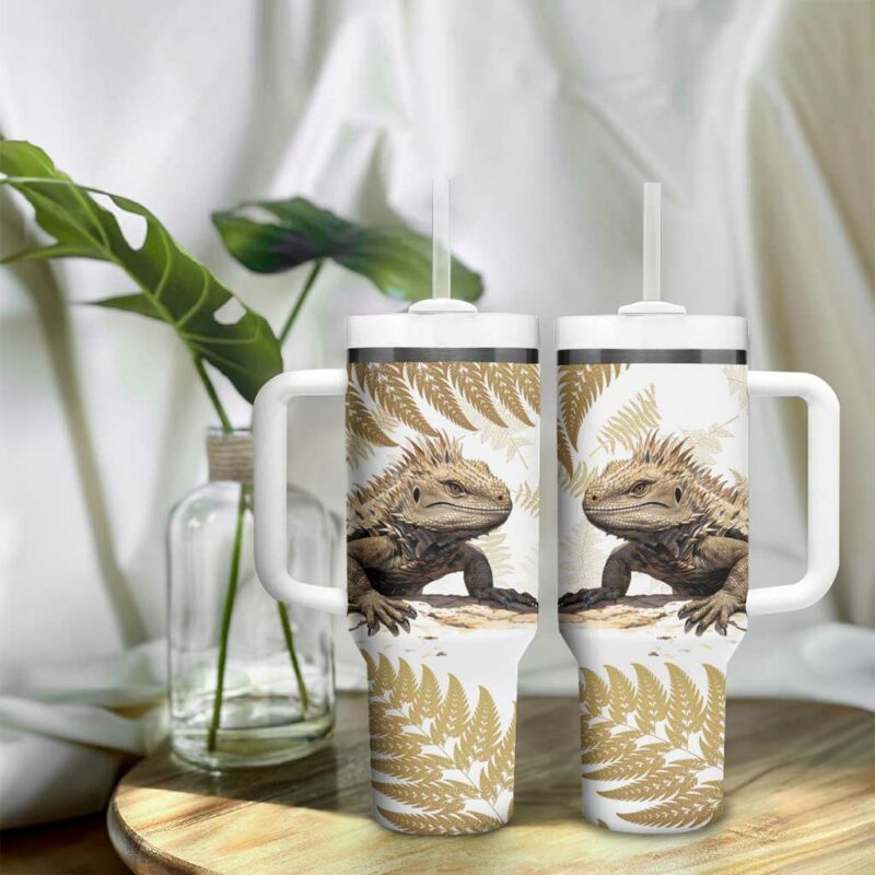 Gold New Zealand Tuatara Aotearoa Sphenodon Punctatus Silver Fern Custom Stanley Quencher 40oz Stainless Steel Tumbler With Handle - Threewoofs - Image 9