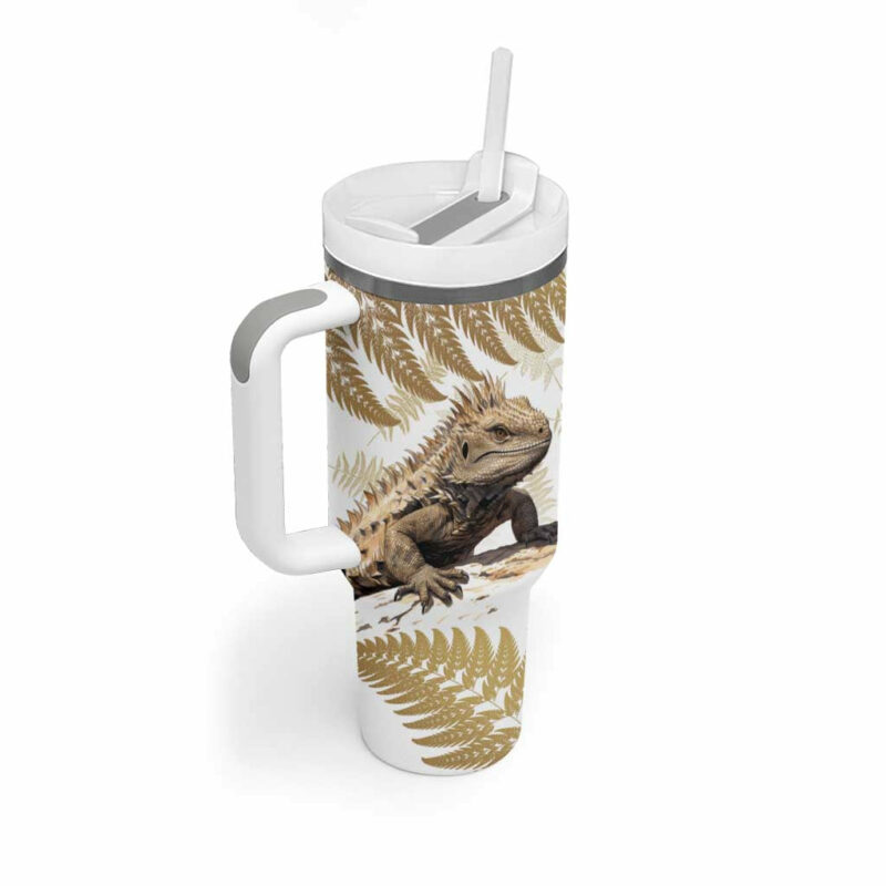 Gold New Zealand Tuatara Aotearoa Sphenodon Punctatus Silver Fern Custom Stanley Quencher 40oz Stainless Steel Tumbler With Handle - Threewoofs - Image 3