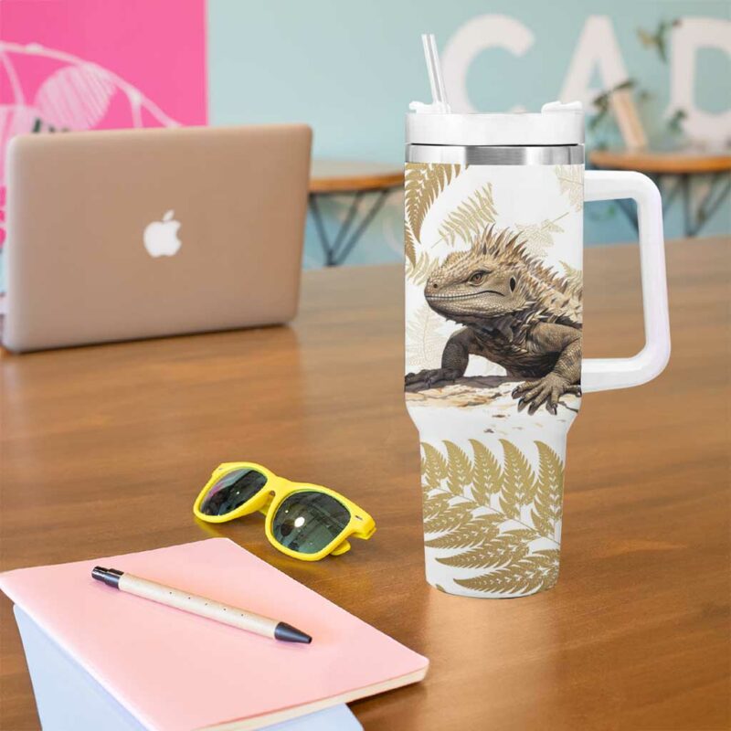 Gold New Zealand Tuatara Aotearoa Sphenodon Punctatus Silver Fern Custom Stanley Quencher 40oz Stainless Steel Tumbler With Handle - Threewoofs - Image 5
