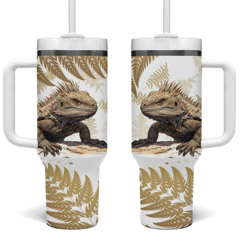Gold New Zealand Tuatara Aotearoa Sphenodon Punctatus Silver Fern Custom Stanley Quencher 40oz Stainless Steel Tumbler With Handle - Threewoofs - Image 2