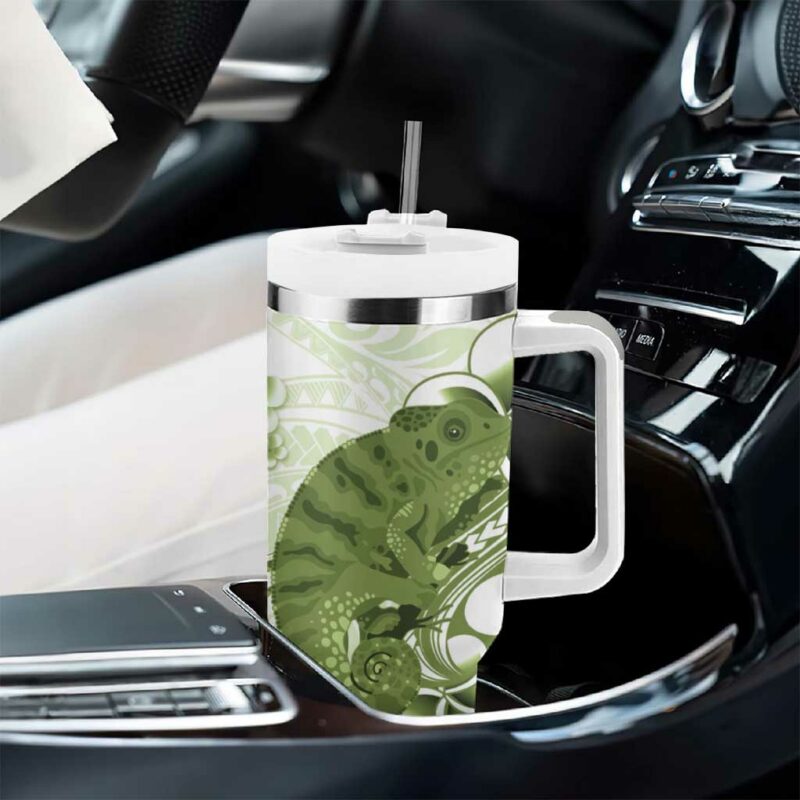 Green And White Hawaii Chameleon Plumeria Polynesian Tribal Art Custom Stanley Quencher 40oz Stainless Steel Tumbler With Handle - Threewoofs - Image 8