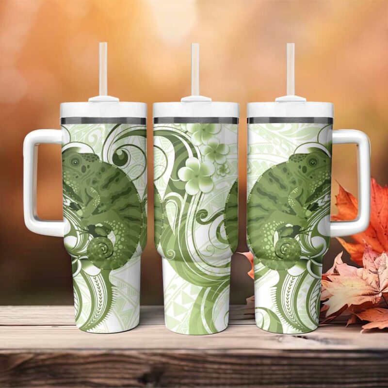 Green And White Hawaii Chameleon Plumeria Polynesian Tribal Art Custom Stanley Quencher 40oz Stainless Steel Tumbler With Handle - Threewoofs - Image 4