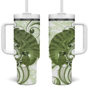 Green And White Hawaii Chameleon Plumeria Polynesian Tribal Art Custom Stanley Quencher 40oz Stainless Steel Tumbler With Handle - Threewoofs