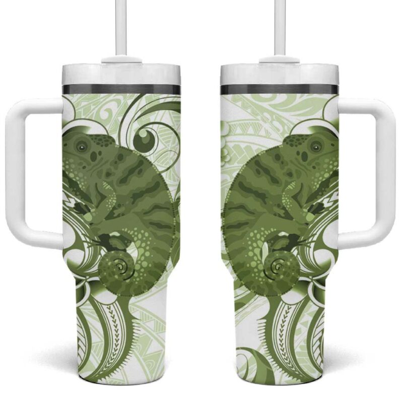 Green And White Hawaii Chameleon Plumeria Polynesian Tribal Art Custom Stanley Quencher 40oz Stainless Steel Tumbler With Handle - Threewoofs