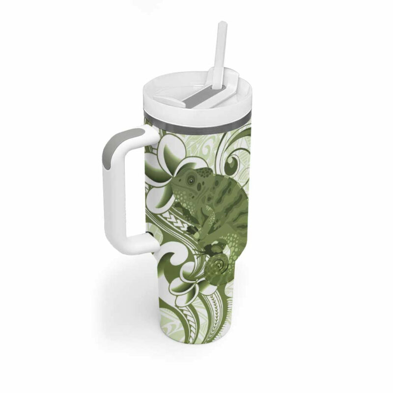 Green And White Hawaii Chameleon Plumeria Polynesian Tribal Art Custom Stanley Quencher 40oz Stainless Steel Tumbler With Handle - Threewoofs - Image 2