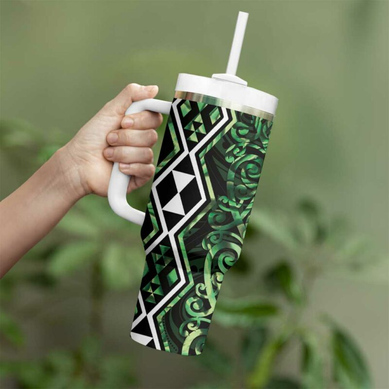 Green Aotearoa Taniko Motifs With Paua Shell Kowhaiwhai Custom Stanley Quencher 40oz Stainless Steel Tumbler With Handle - Threewoofs - Image 3