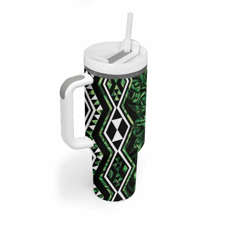 Green Aotearoa Taniko Motifs With Paua Shell Kowhaiwhai Custom Stanley Quencher 40oz Stainless Steel Tumbler With Handle - Threewoofs - Image 2