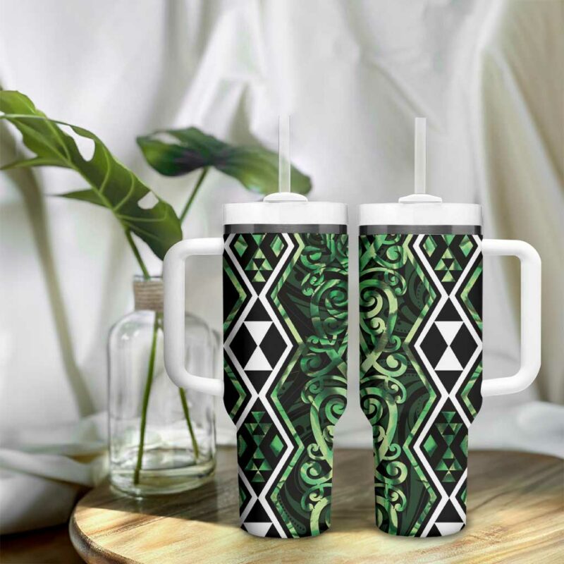 Green Aotearoa Taniko Motifs With Paua Shell Kowhaiwhai Custom Stanley Quencher 40oz Stainless Steel Tumbler With Handle - Threewoofs - Image 9