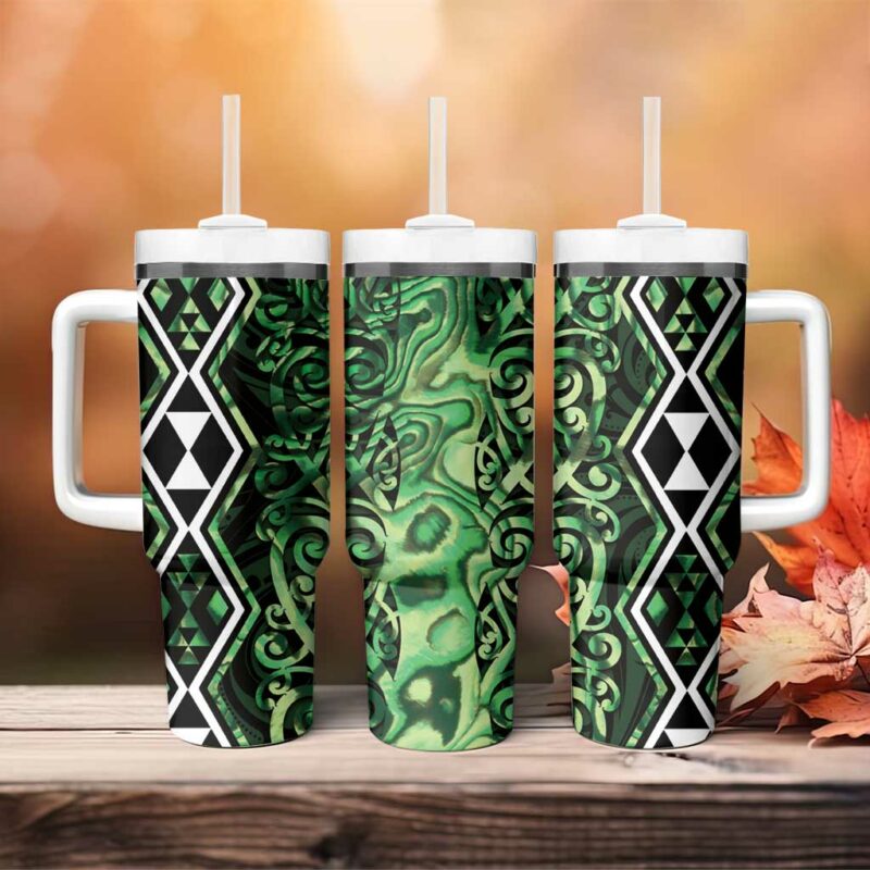 Green Aotearoa Taniko Motifs With Paua Shell Kowhaiwhai Custom Stanley Quencher 40oz Stainless Steel Tumbler With Handle - Threewoofs - Image 4