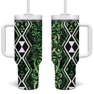 Green Aotearoa Taniko Motifs With Paua Shell Kowhaiwhai Custom Stanley Quencher 40oz Stainless Steel Tumbler With Handle - Threewoofs