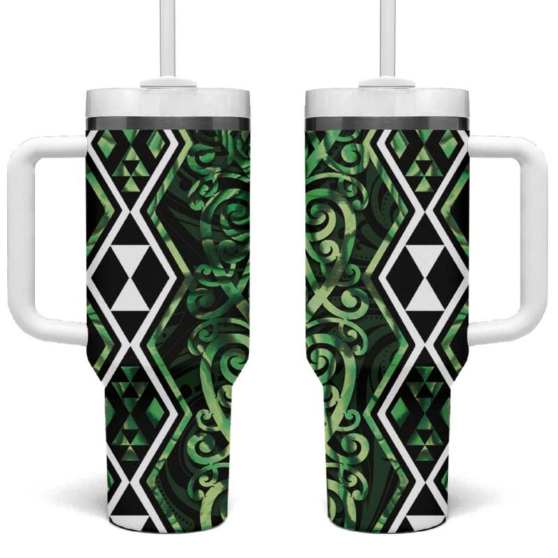 Green Aotearoa Taniko Motifs With Paua Shell Kowhaiwhai Custom Stanley Quencher 40oz Stainless Steel Tumbler With Handle - Threewoofs