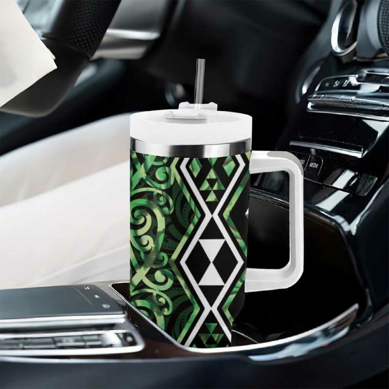 Green Aotearoa Taniko Motifs With Paua Shell Kowhaiwhai Custom Stanley Quencher 40oz Stainless Steel Tumbler With Handle - Threewoofs - Image 8