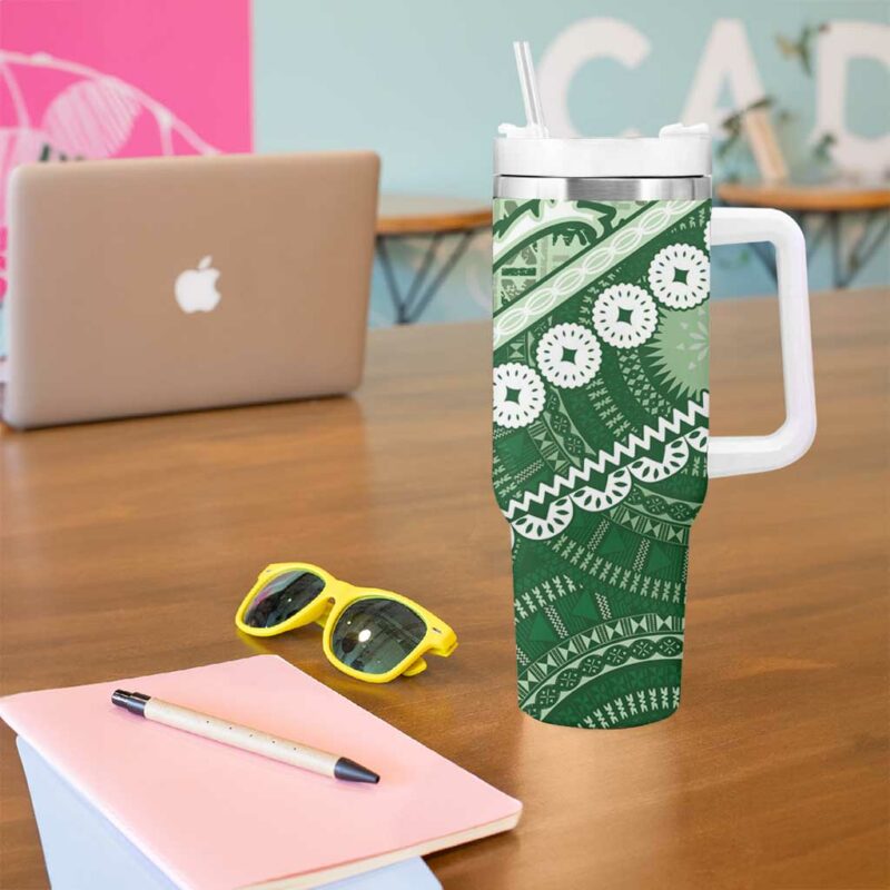 Green Bula Fiji Fijian Language Week Tapa Cloth Pastel Custom Stanley Quencher 40oz Stainless Steel Tumbler With Handle - Threewoofs - Image 5