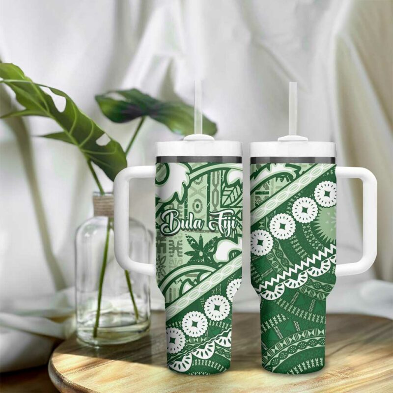 Green Bula Fiji Fijian Language Week Tapa Cloth Pastel Custom Stanley Quencher 40oz Stainless Steel Tumbler With Handle - Threewoofs - Image 9