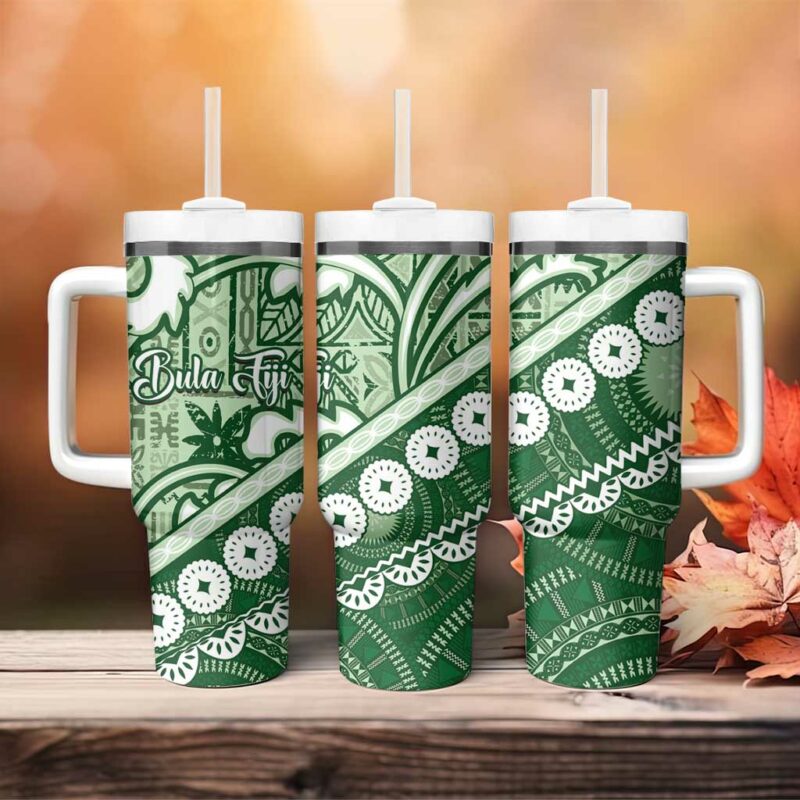 Green Bula Fiji Fijian Language Week Tapa Cloth Pastel Custom Stanley Quencher 40oz Stainless Steel Tumbler With Handle - Threewoofs - Image 4