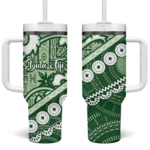 Green Bula Fiji Fijian Language Week Tapa Cloth Pastel Custom Stanley Quencher 40oz Stainless Steel Tumbler With Handle - Threewoofs