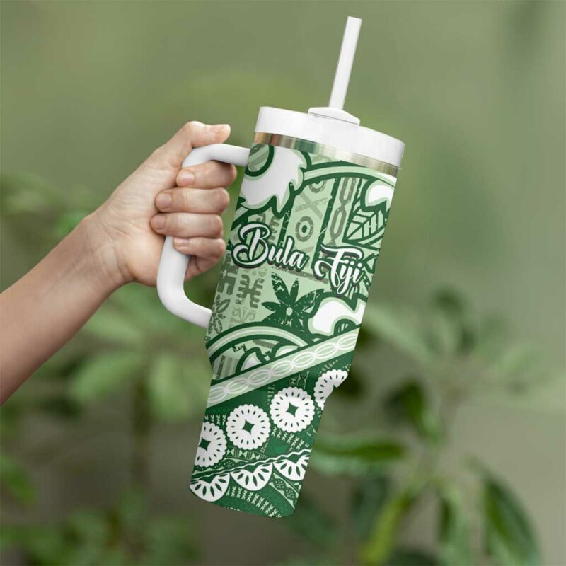 Green Bula Fiji Fijian Language Week Tapa Cloth Pastel Custom Stanley Quencher 40oz Stainless Steel Tumbler With Handle - Threewoofs - Image 3