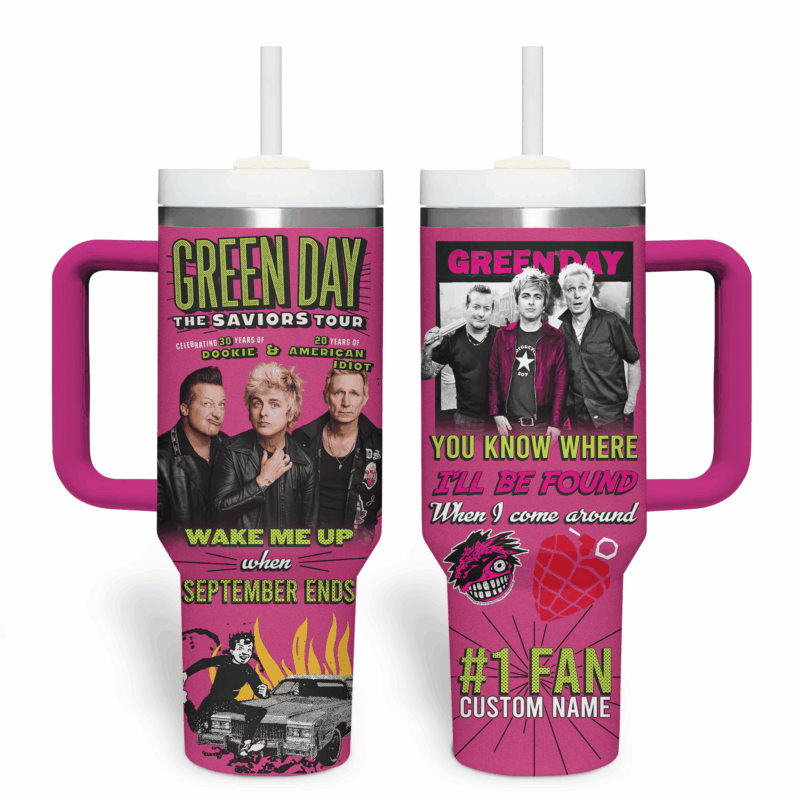 Green Day Music Custom Stanley Quencher 40oz Stainless Steel Tumbler With Handle - Threewoofs - Image 2