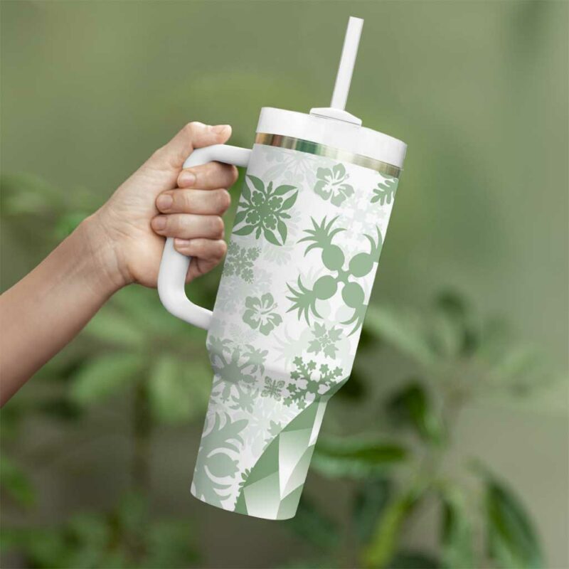 Green Hawaiian Quilt Pattern Custom Stanley Quencher 40oz Stainless Steel Tumbler With Handle - Threewoofs - Image 3