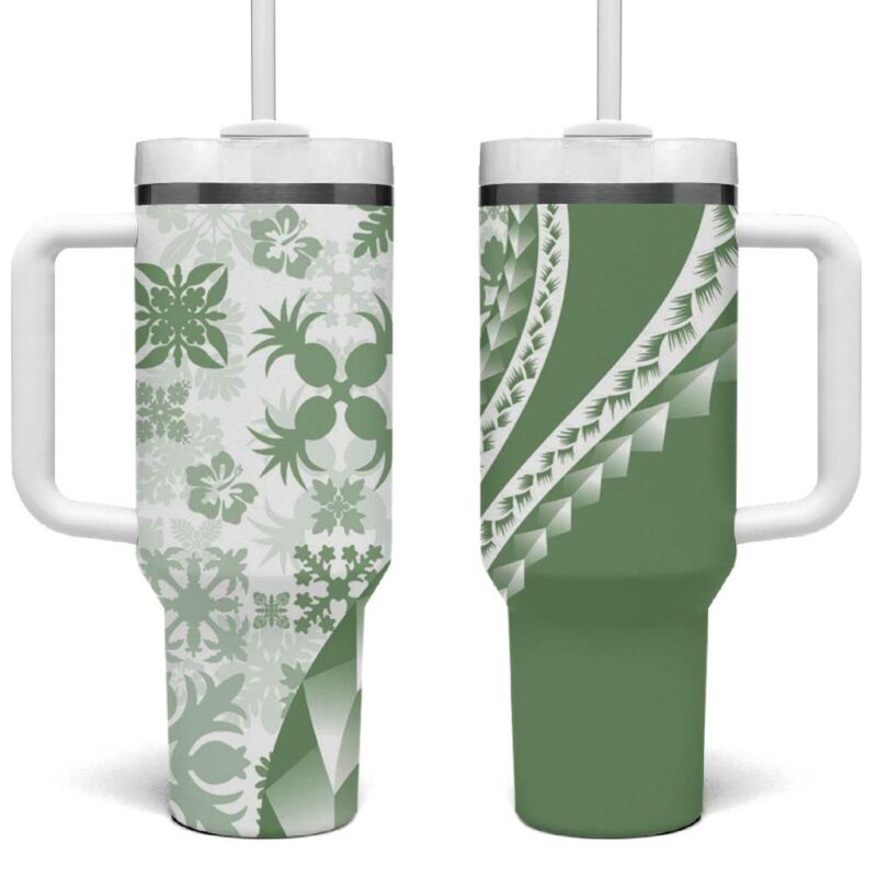 Green Hawaiian Quilt Pattern Custom Stanley Quencher 40oz Stainless Steel Tumbler With Handle - Threewoofs
