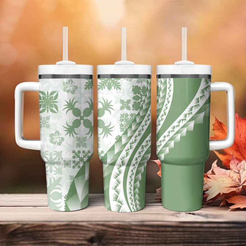 Green Hawaiian Quilt Pattern Custom Stanley Quencher 40oz Stainless Steel Tumbler With Handle - Threewoofs - Image 4