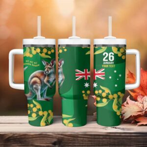 Green Kangaroo and Golden Wattle Happy Australia Day 6 January Custom Stanley Quencher 40oz Stainless Steel Tumbler With Handle - Threewoofs