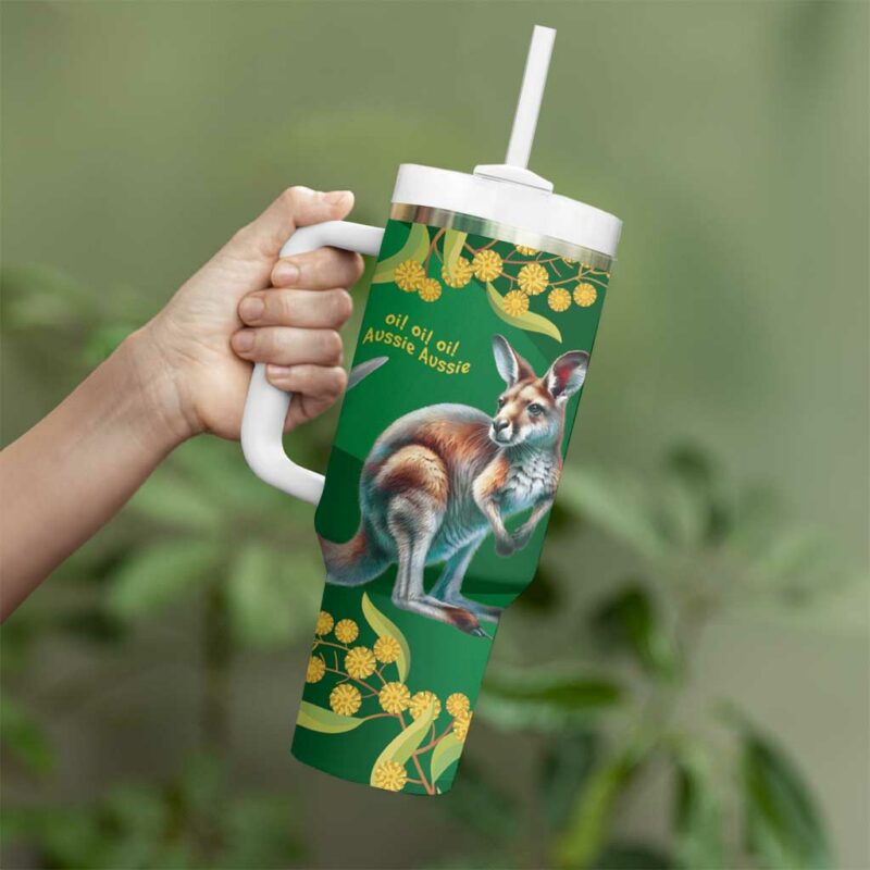 Green Kangaroo and Golden Wattle Happy Australia Day 6 January Custom Stanley Quencher 40oz Stainless Steel Tumbler With Handle - Threewoofs - Image 4