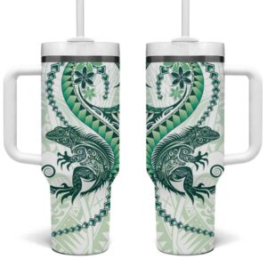 Green Maori Tuatara Luxury Pastel Custom Stanley Quencher 40oz Stainless Steel Tumbler With Handle - Threewoofs