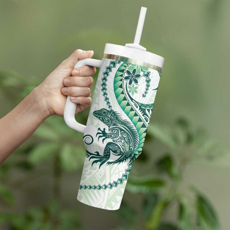 Green Maori Tuatara Luxury Pastel Custom Stanley Quencher 40oz Stainless Steel Tumbler With Handle - Threewoofs - Image 3