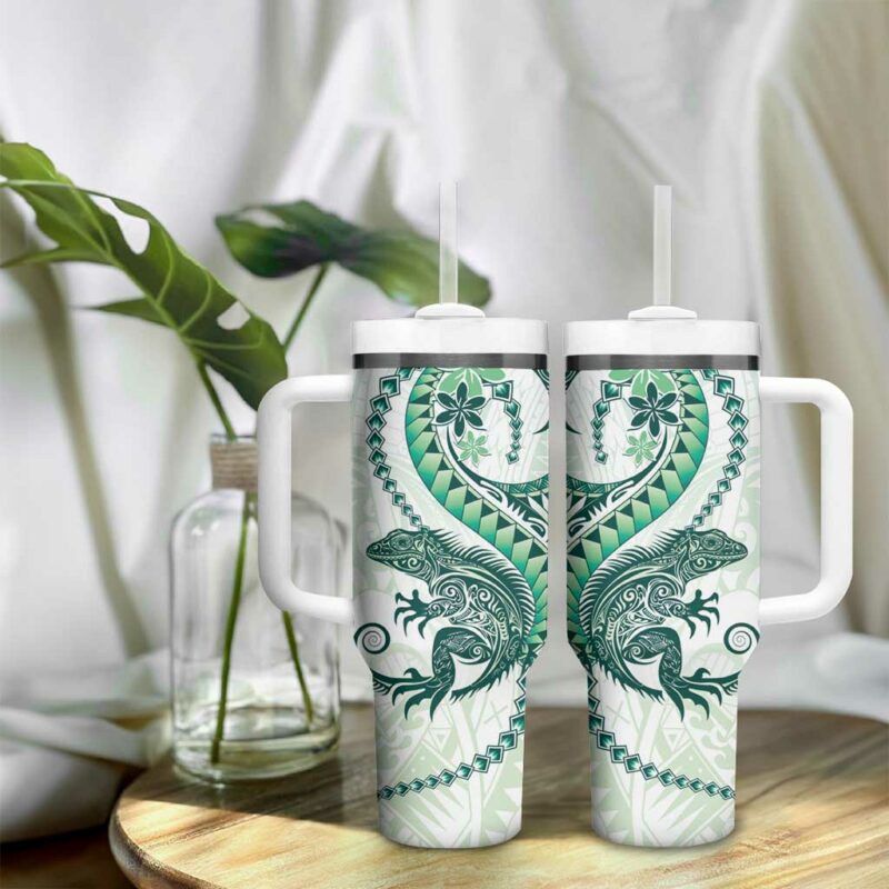 Green Maori Tuatara Luxury Pastel Custom Stanley Quencher 40oz Stainless Steel Tumbler With Handle - Threewoofs - Image 9