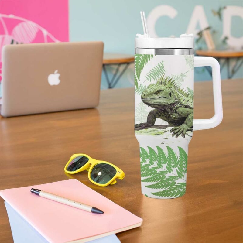 Green New Zealand Tuatara Aotearoa Sphenodon Punctatus Silver Fern Custom Stanley Quencher 40oz Stainless Steel Tumbler With Handle - Threewoofs - Image 5