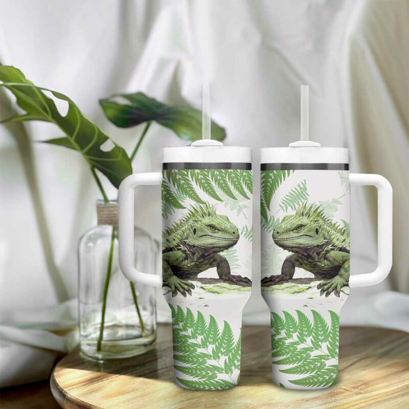 Green New Zealand Tuatara Aotearoa Sphenodon Punctatus Silver Fern Custom Stanley Quencher 40oz Stainless Steel Tumbler With Handle - Threewoofs - Image 9
