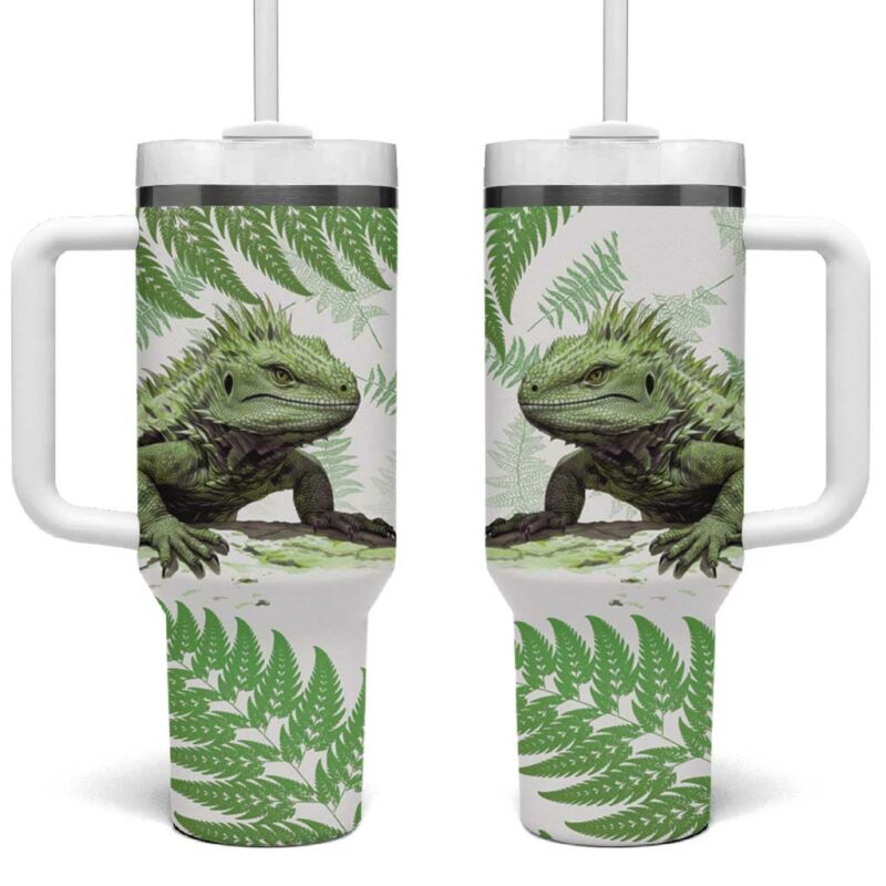 Green New Zealand Tuatara Aotearoa Sphenodon Punctatus Silver Fern Custom Stanley Quencher 40oz Stainless Steel Tumbler With Handle - Threewoofs - Image 2