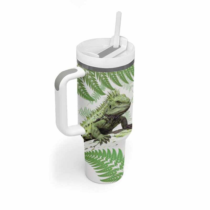 Green New Zealand Tuatara Aotearoa Sphenodon Punctatus Silver Fern Custom Stanley Quencher 40oz Stainless Steel Tumbler With Handle - Threewoofs - Image 3