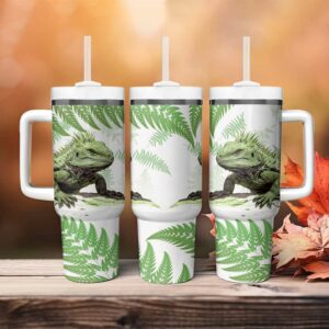 Green New Zealand Tuatara Aotearoa Sphenodon Punctatus Silver Fern Custom Stanley Quencher 40oz Stainless Steel Tumbler With Handle - Threewoofs